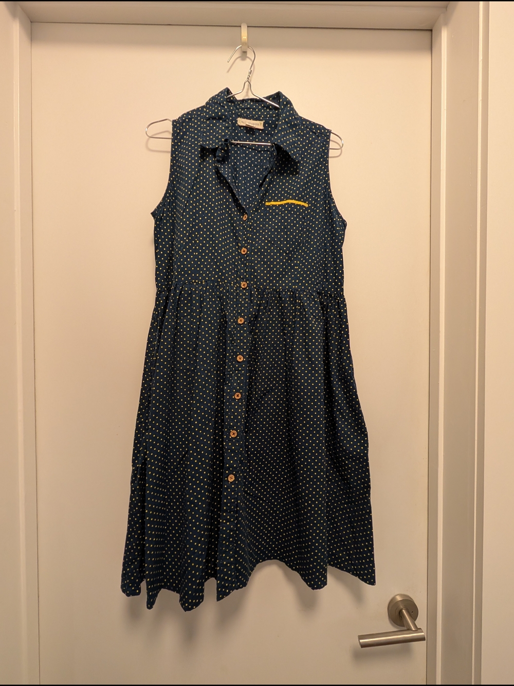 Mata Traders Navy Polka Dot Sleeveless Button-Front Dress with Yellow Accent